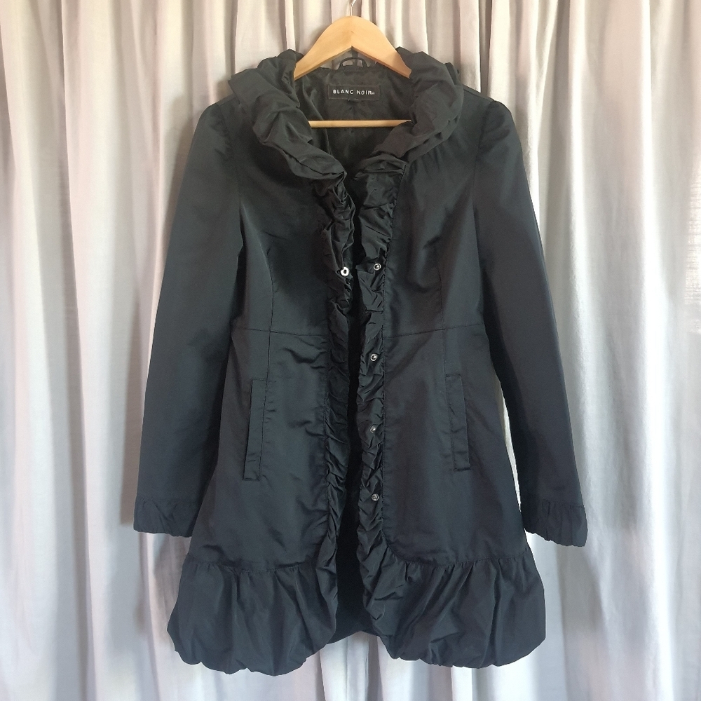 Blanc Noir Black Ruffled Trench Coat Womens M
